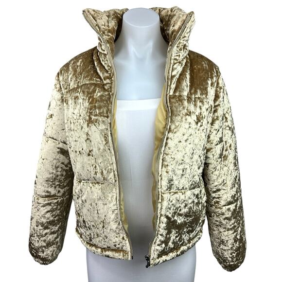 Boohoo Gold Metallic Velour Velvet Zip Up Collar Outdoor Puffer Jacket Coat 4 - Picture 1 of 4